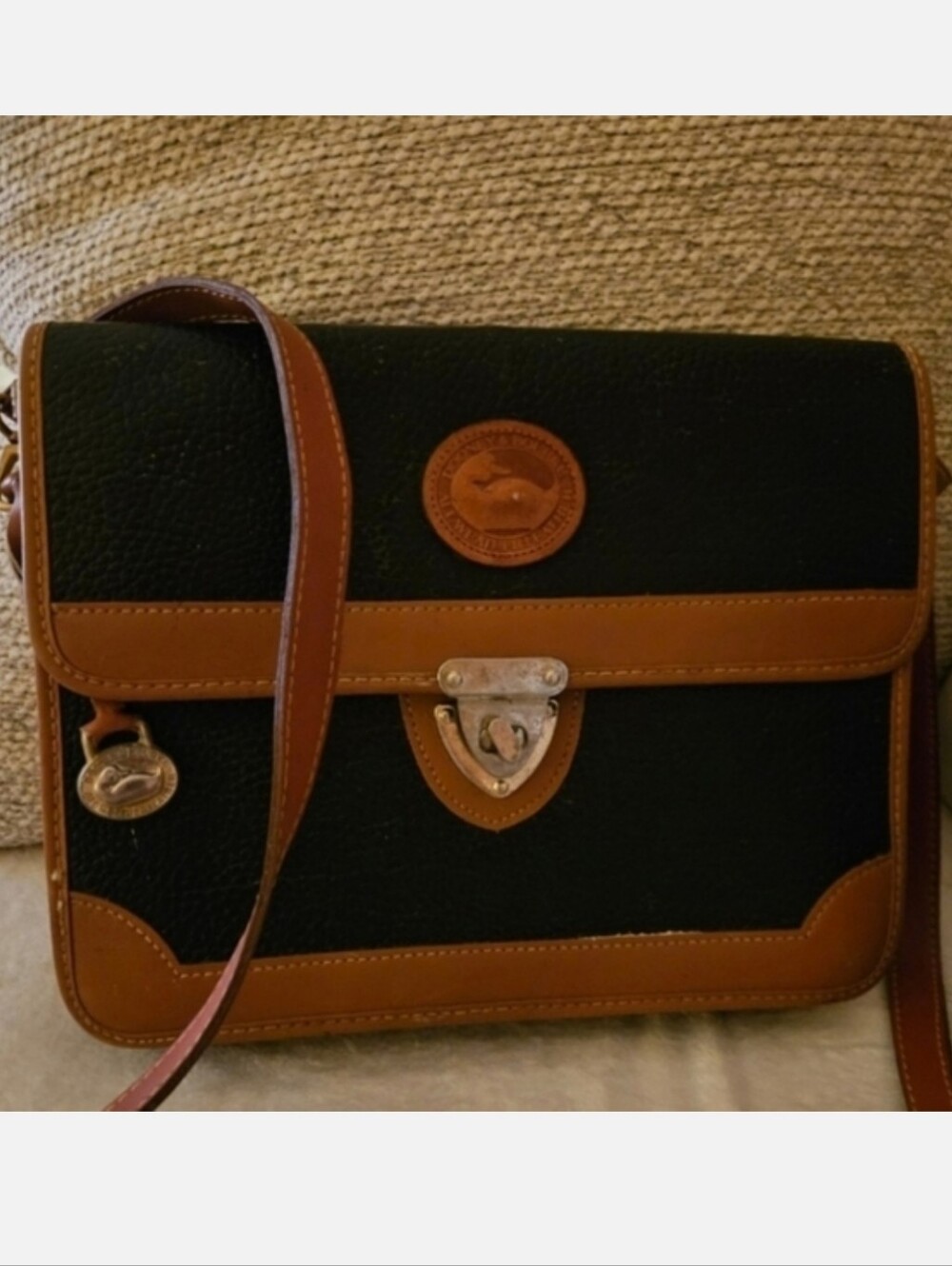 Dooney & Bourke AWL British Carrier Black with Tan Pebble Leather Crossbody